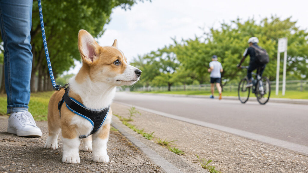 安全な距離から走る人や自転車を見るコーギーの子犬