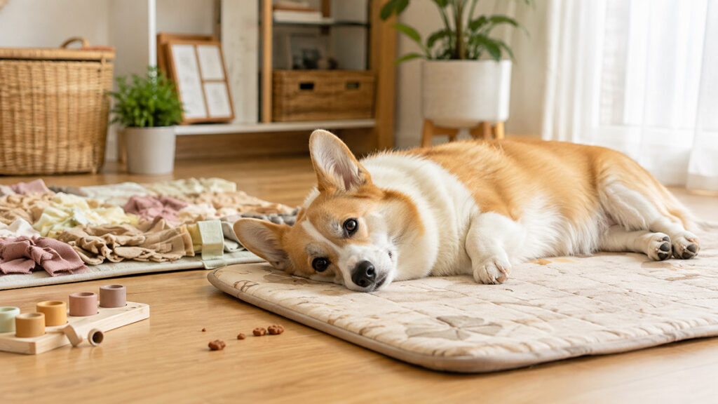 室内でにおい探しをしたあとマットで休むコーギー
