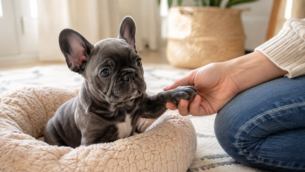 体に触れる練習をされているフレンチブルドッグの子犬の全身