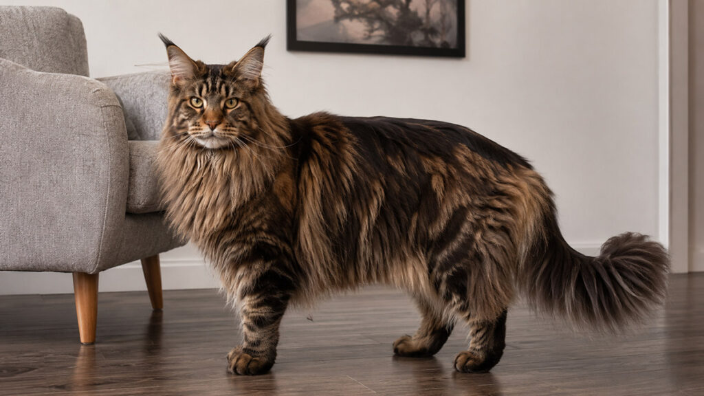 ブラウンタビーのメインクーン成猫が椅子の横に立つ大きな全身