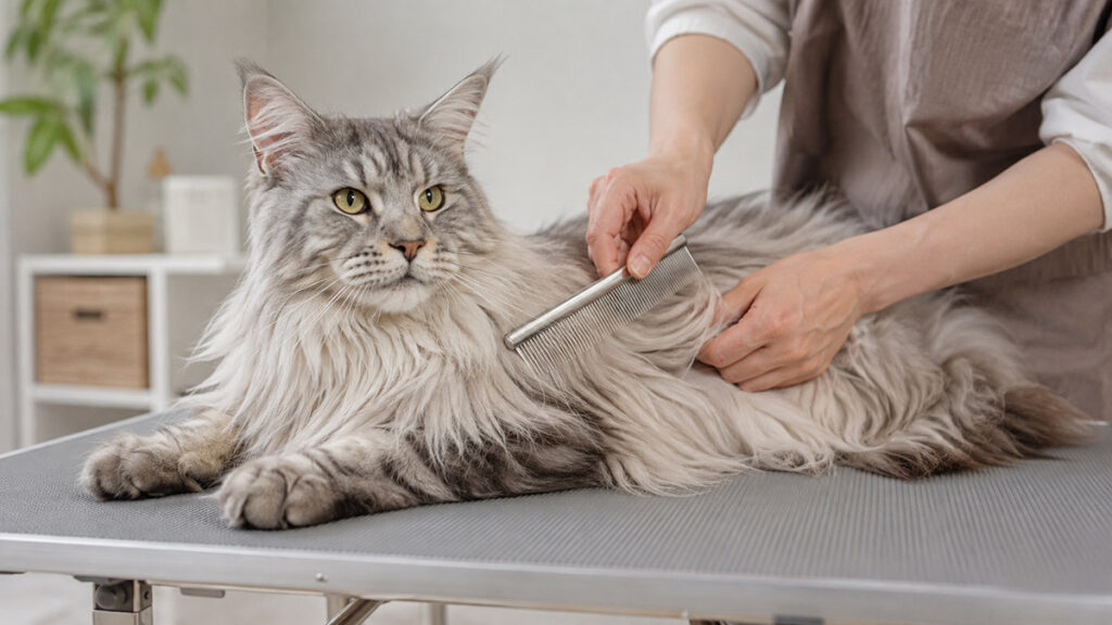 低いケア台で脇の長い毛をコームでとかされるシルバーのメインクーン成猫