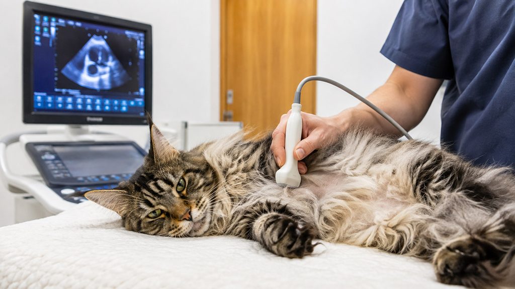 動物病院で心臓の超音波検査を受けるメインクーン