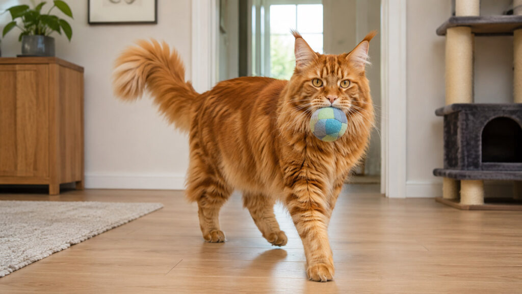 布製ボールを口にくわえて戻るレッドタビーのメインクーン成猫の全身