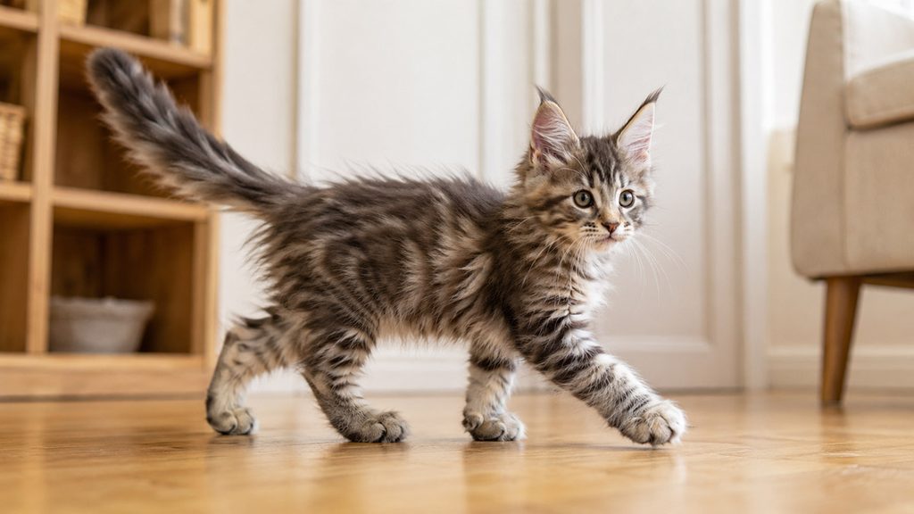 フローリングの上を歩いているメインクーンの子猫の全身