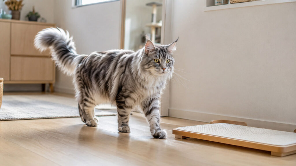 名前を呼ばれて床のケア台へ歩くシルバータビーのメインクーン成猫の全身