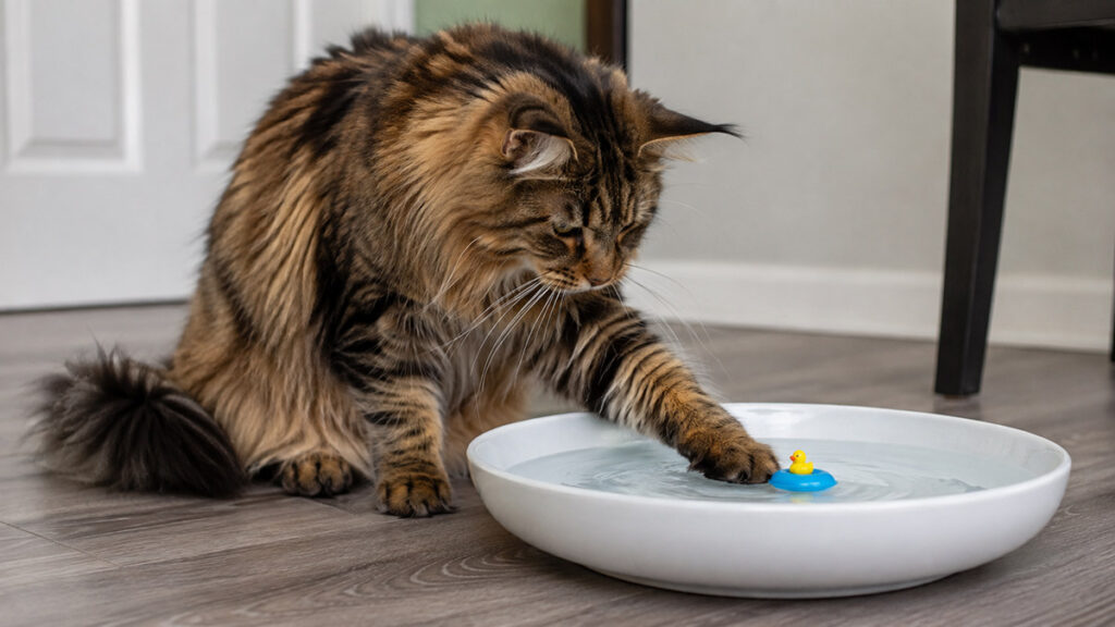 浅い水皿に浮かぶ玩具へ前足を伸ばすブラウンタビーのメインクーン成猫