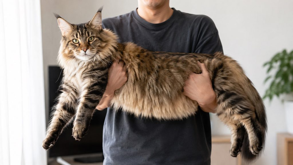 人が抱き上げて大きさが分かるメインクーンの成猫