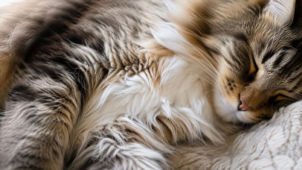 横になって眠っているメインクーンの胸のあたりの様子