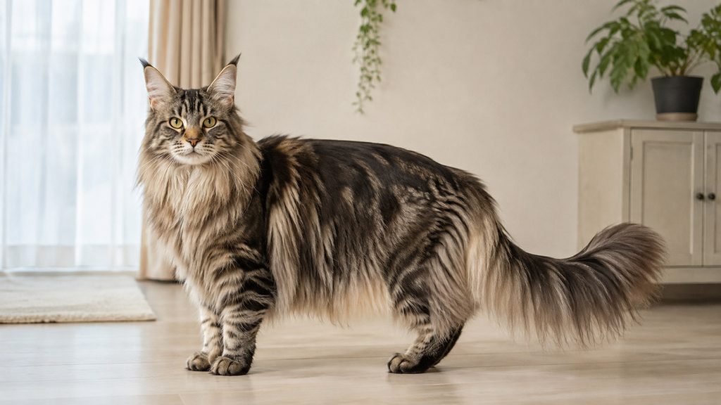 室内で立っているメインクーンの成猫の全身
