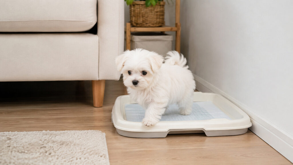 生活スペース近くの犬用トイレへ入るマルチーズの子犬