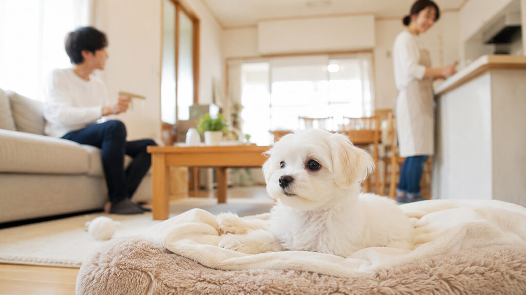 安全な場所で人や生活音を経験するマルチーズの子犬