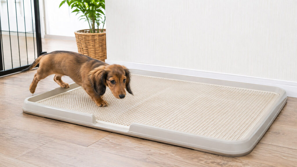 体全体が収まる広い犬用トイレへ入るミニチュアダックスフンドの子犬
