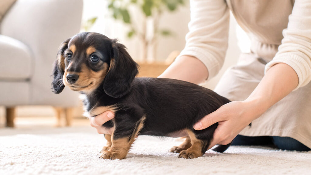 胸とお尻に手を添えられる練習をするミニチュアダックスフンドの子犬