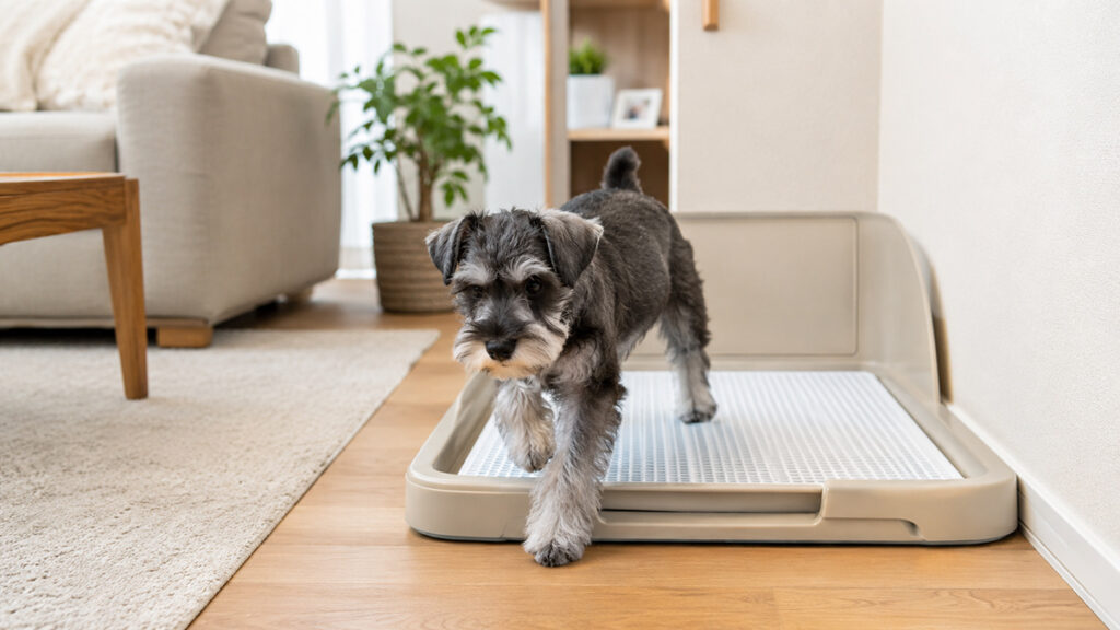 生活スペース近くの犬用トイレへ入るミニチュアシュナウザーの子犬