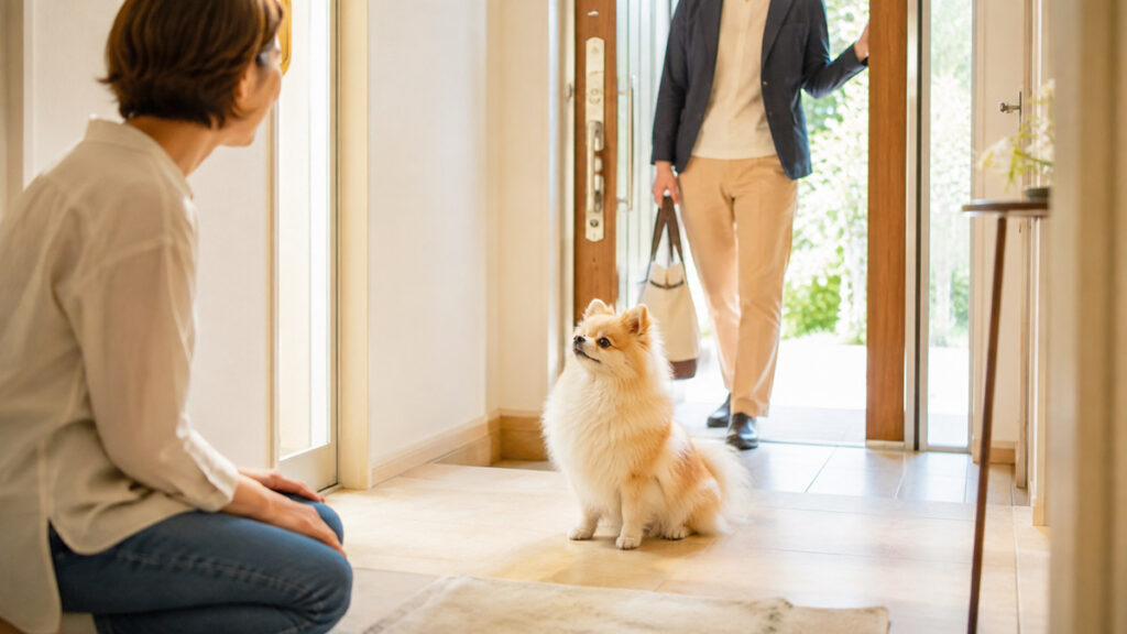 来客の前で四つ足を床につけておすわりするポメラニアン