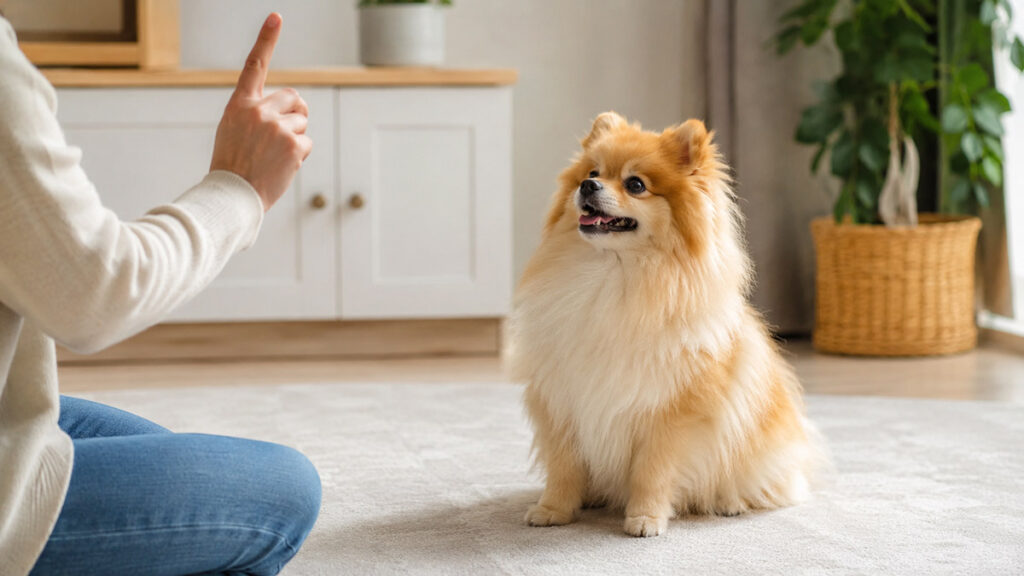 室内で飼い主の合図に注目するポメラニアン