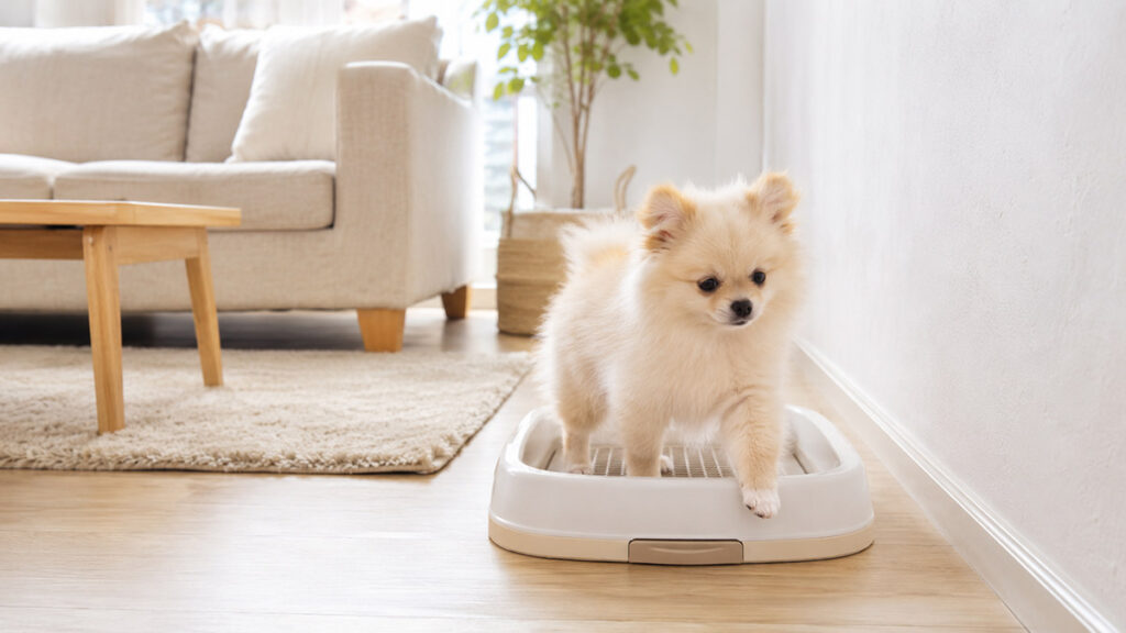 生活スペース近くの犬用トイレへ入るポメラニアンの子犬