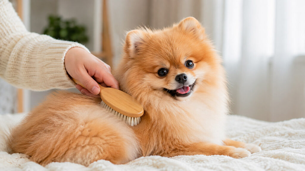 柔らかいブラシを体に軽く当てられるポメラニアンの子犬