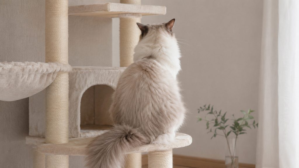 キャットタワーの低い段に座るラグドールの後ろ姿