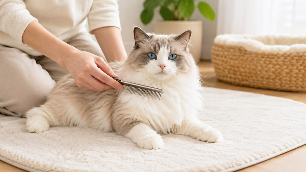 広いマットの上で胸のセミロング被毛をコームで整えられるラグドール成猫