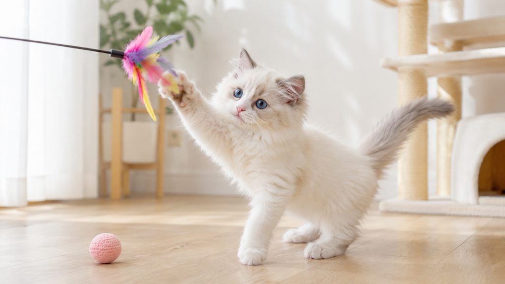 おもちゃで遊ぶラグドールの子猫の全身