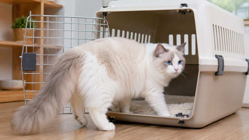 大型のハードキャリーへ自分から入る青い目のラグドール成猫の全身
