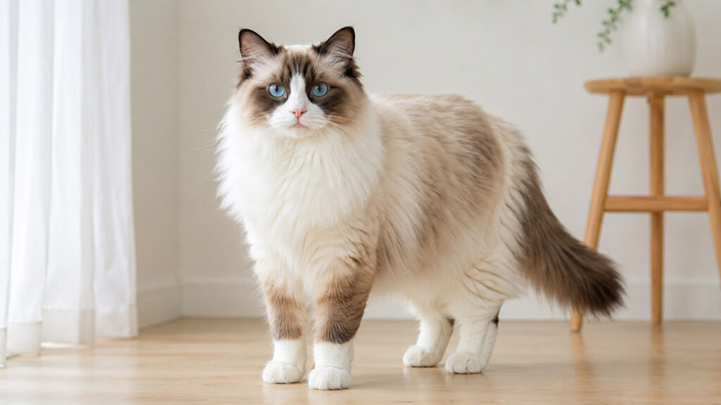 青い目のシールバイカラーのラグドール成猫が立つ全身