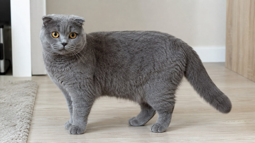 ブルーの折れ耳スコティッシュフォールド成猫が室内に立つ全身