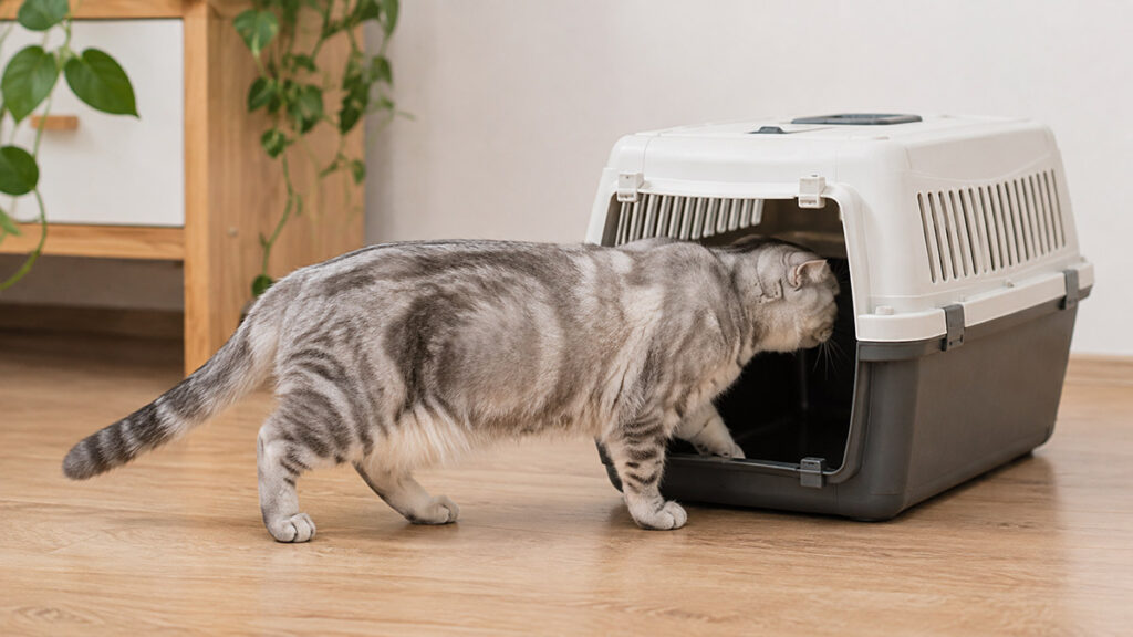 扉を外したキャリーへ自分から入るシルバータビーのスコティッシュフォールド成猫の全身