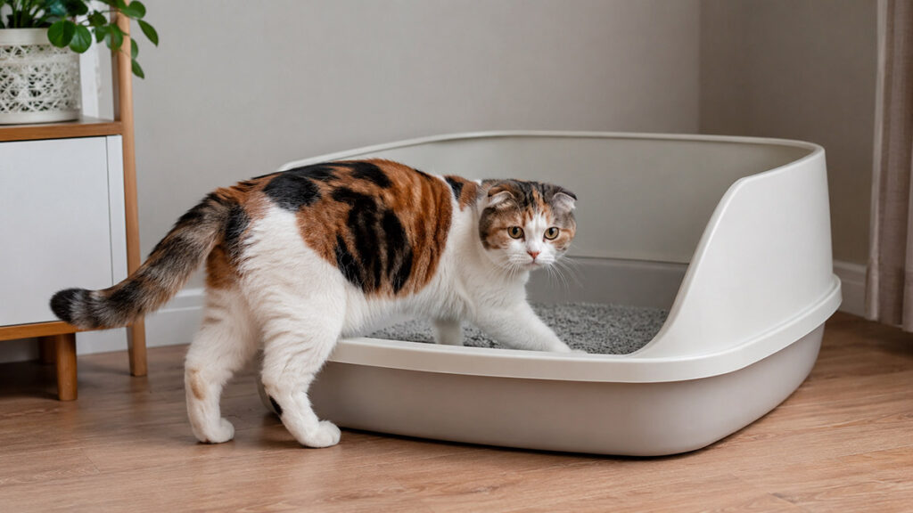 低い入口の大きな猫用トイレへ入る三毛のスコティッシュフォールド成猫の全身