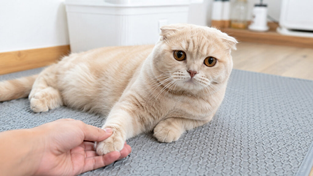 滑りにくいマットの上で前足へ一瞬触れられるクリーム色の折れ耳スコティッシュフォールド成猫