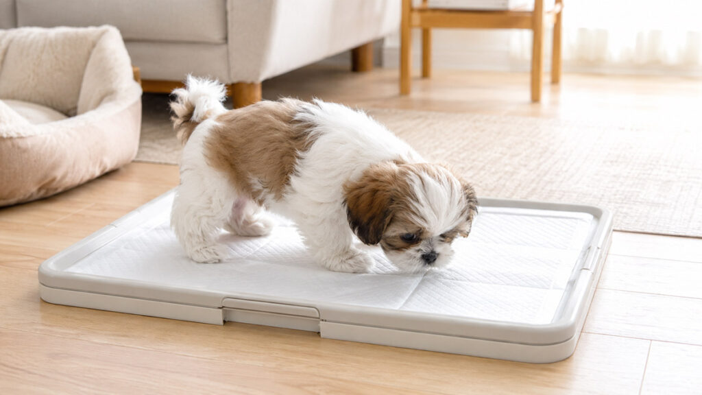 生活スペース近くの犬用トイレで排泄の準備をするシーズーの子犬