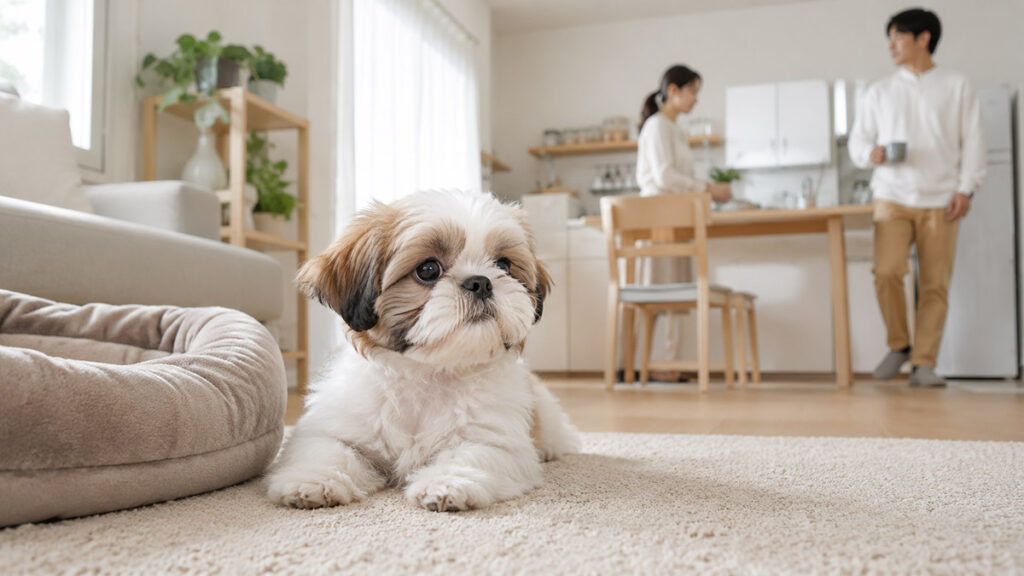 安全な距離から人や生活音を経験するシーズーの子犬