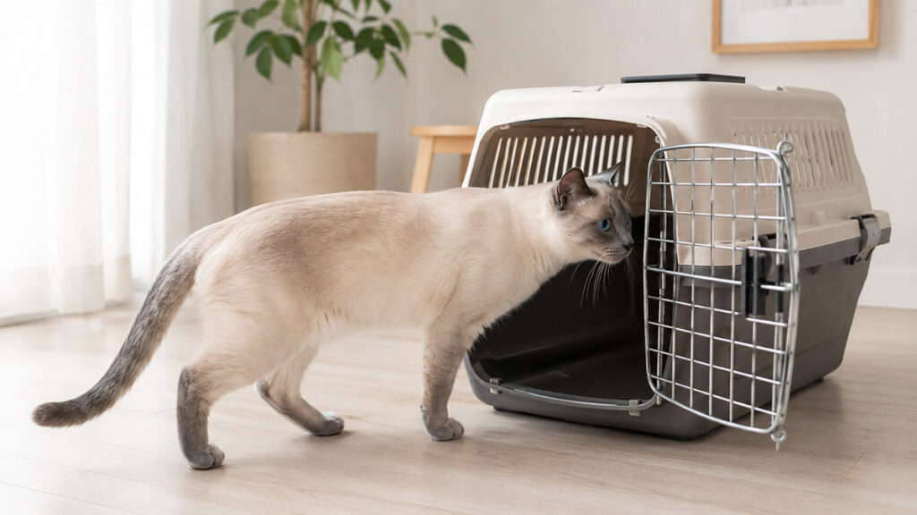 扉を開けたキャリーへ自分から入るブルーポイントのシャム猫成猫の全身