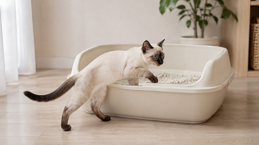 静かな部屋の大きな猫用トイレに入るシールポイントのシャム猫子猫の全身