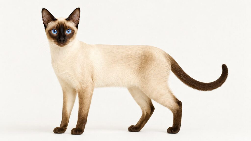 青い目のシールポイントのシャム猫成猫が立つ全身