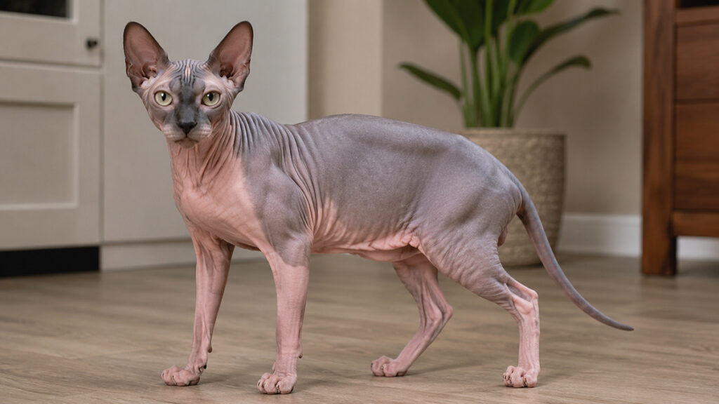 グレーとピンクのスフィンクス成猫が室内に立つ筋肉質な全身