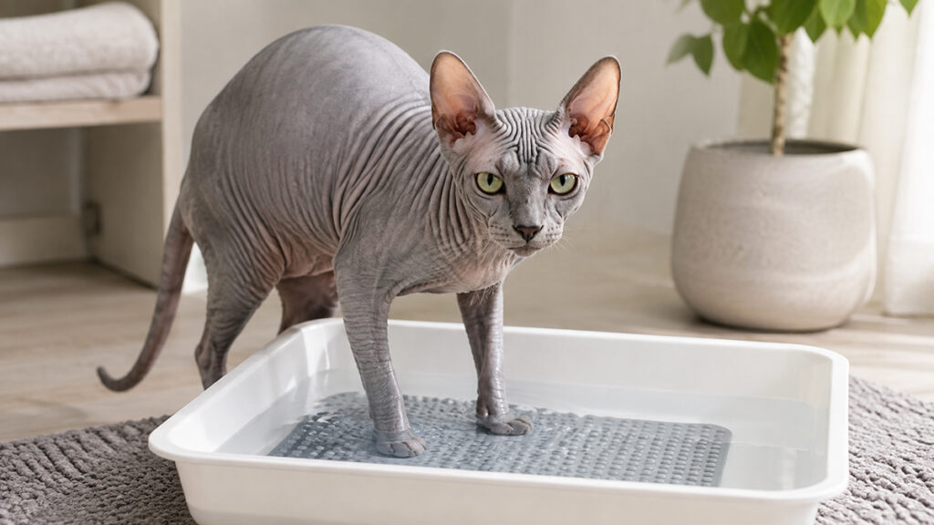滑り止めマットの浅いぬるま湯へ前足を置くグレーのスフィンクス成猫