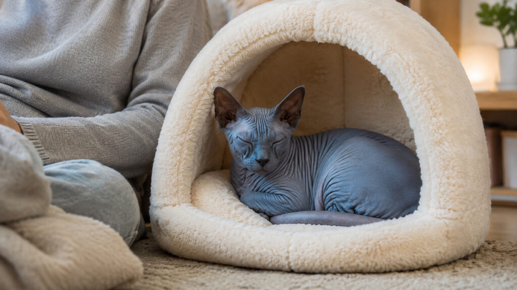 飼い主の近くに置いた暖かいドームベッドで休むブルーのスフィンクス成猫