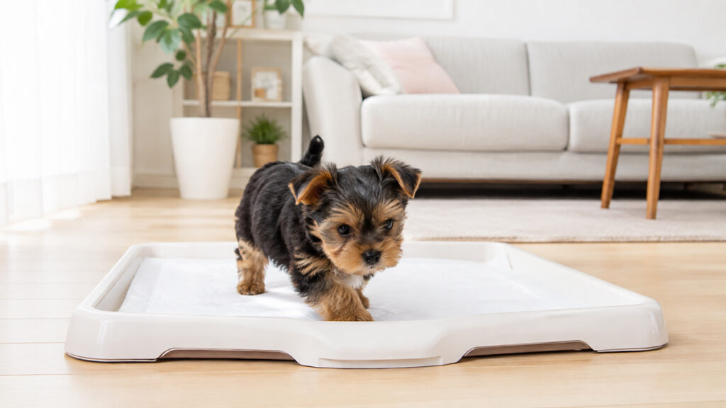 生活スペース近くの犬用トイレへ入るヨークシャーテリアの子犬