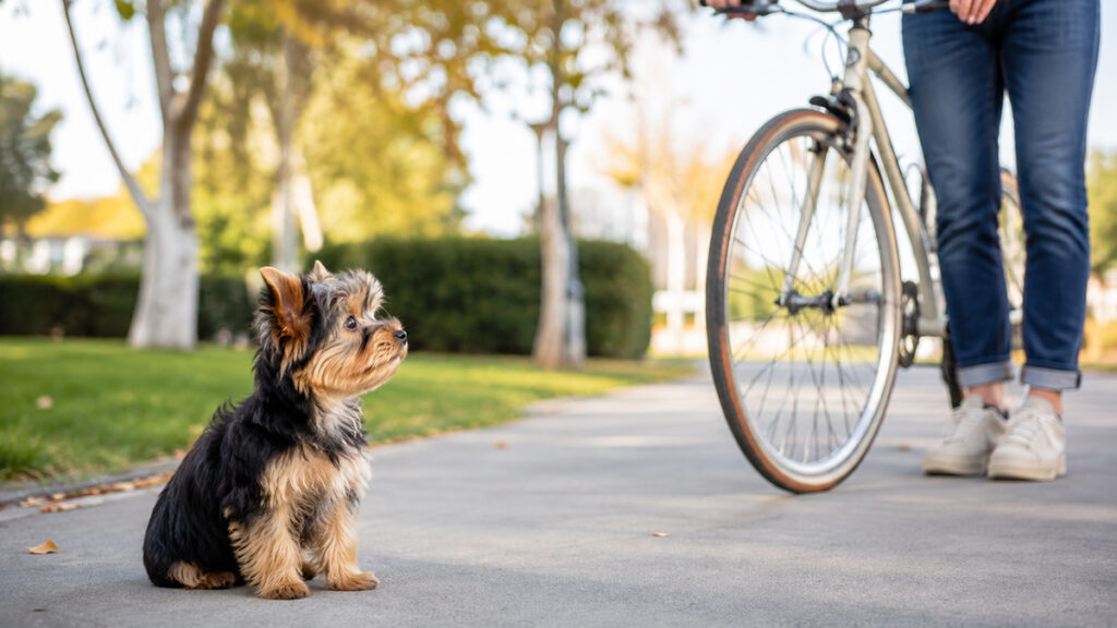安全な距離から人や自転車を見るヨークシャーテリアの子犬