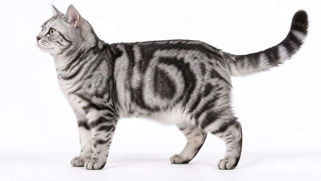 シルバータビーのアメリカンショートヘアの成猫が立っている全身の横姿