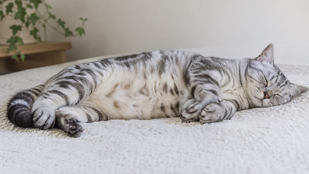 アメリカンショートヘアの成猫が横向きに眠り胸とお腹が見える様子