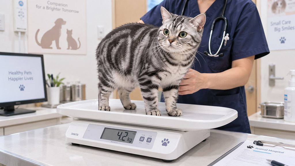 動物病院でアメリカンショートヘアの成猫が体重を測っている様子