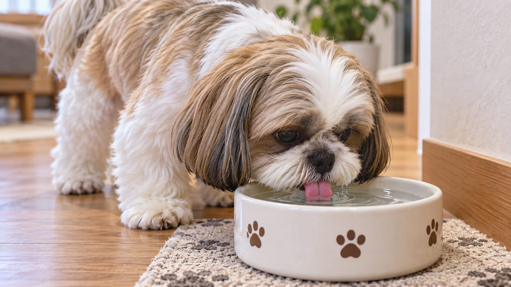 シーズーの成犬が水入れから水を飲んでいる様子