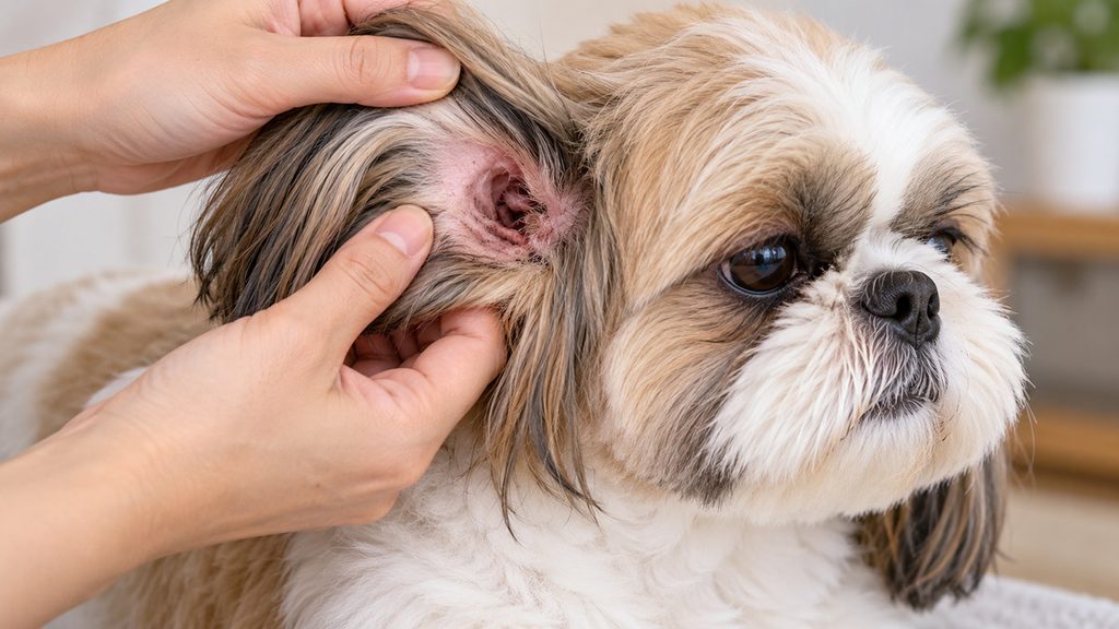シーズーの成犬の垂れた耳をめくって耳の中を確認している様子