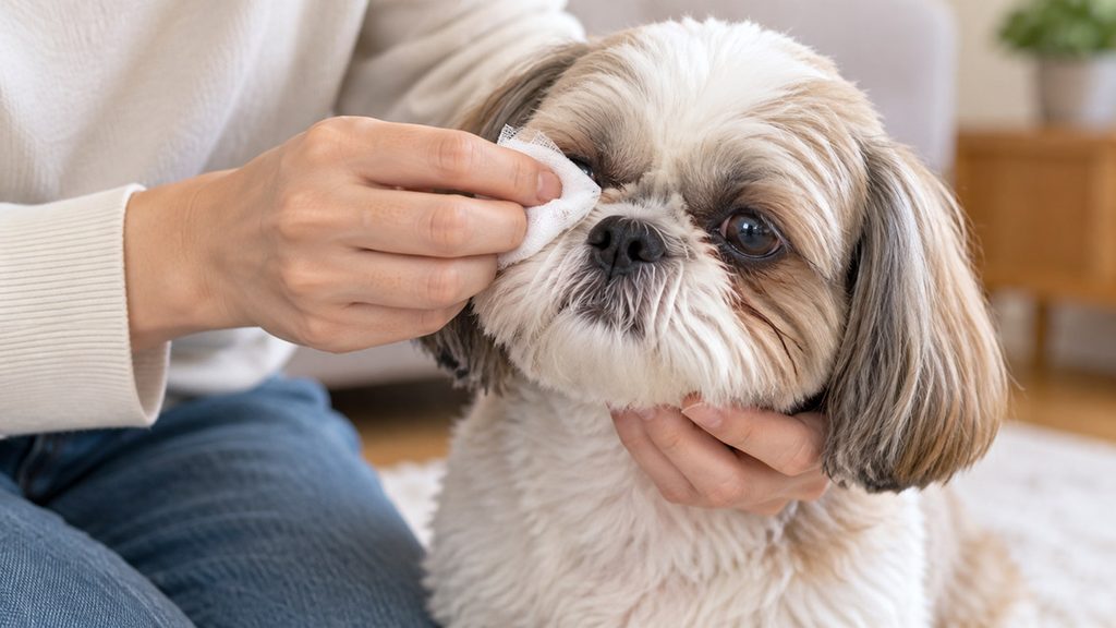 飼い主がシーズーの成犬の目元をガーゼでやさしく拭いている様子