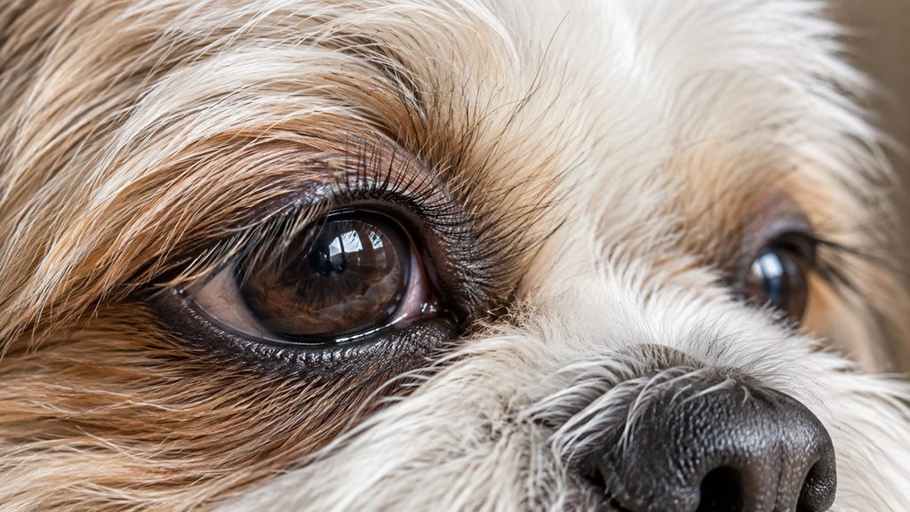 シーズーの成犬の目元のアップでまつげとまぶたの縁が見える様子