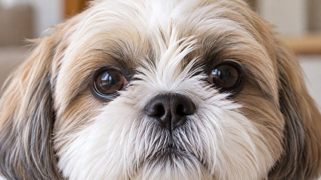 シーズーの成犬の顔のアップで鼻すじの毛が上向きに伸びている様子