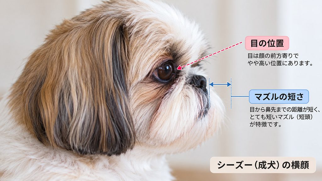 シーズーの成犬の横顔でマズルの短さと目の位置が分かる様子